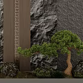 Miniature Garden Ornament Display With Bonsai Tree Rocks Moss And Decorative Wall