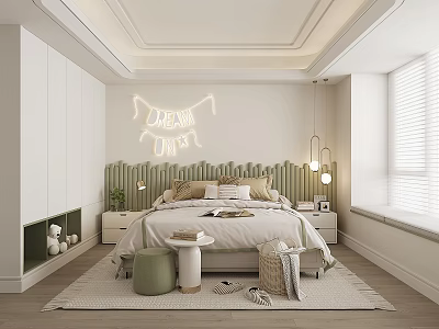 Cozy Kids Room Interior With Dream Big Banner Green Headboard Bed Storage And Rugs 3d model