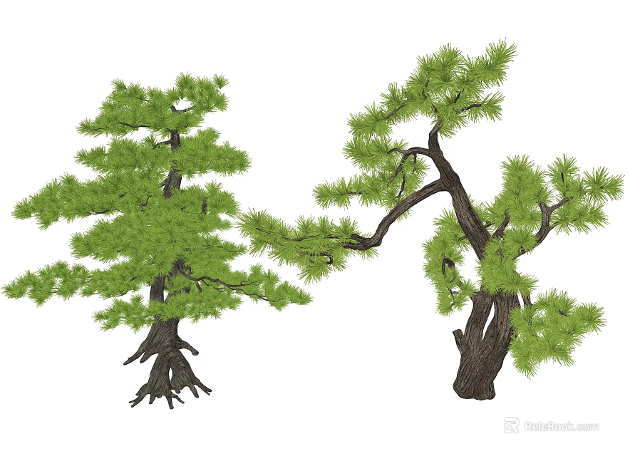 Two Lush Arbor Trees With Green Foliage And Sturdy Branching Trunks 3d model 