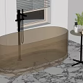 Golden Transparent Bathtub with Side Table Green Plant Toiletries on Marble Floor by Window
