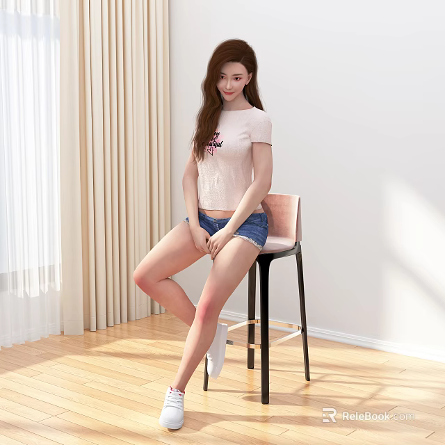 Woman In Pink T-shirt And Denim Shorts Sitting On Chair With Curtains And Wooden Floor 3d model 