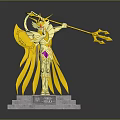 Golden Armored Statue With Winged Design Holding Trident On Stone Pedestal