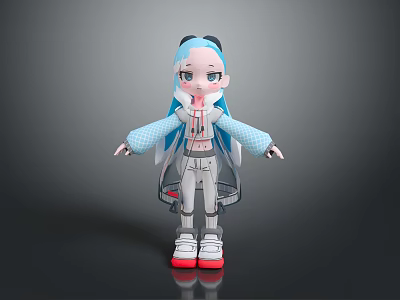 Cute Game Movie Character With Blue Hair Pigtails Transparent Coat Track Pants And Red Sneakers 3d model