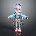 Cute Game Movie Character With Blue Hair Pigtails Transparent Coat Track Pants And Red Sneakers