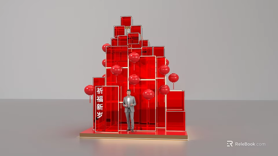 Red Cubes Photo Check In Spot With Balloons And New Year Blessing 3d model 