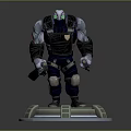 Armored Sci Fi Character With Green Eyes Standing On Circular Pedestal In Black Armor