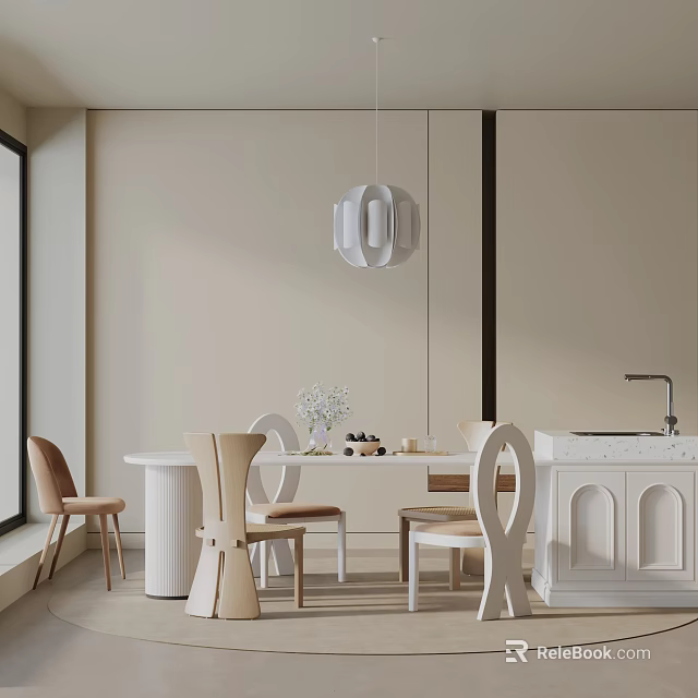 Modern Round Dining Table Set With Light Colored Chairs Vase Tableware And Pendant Light 3d model 