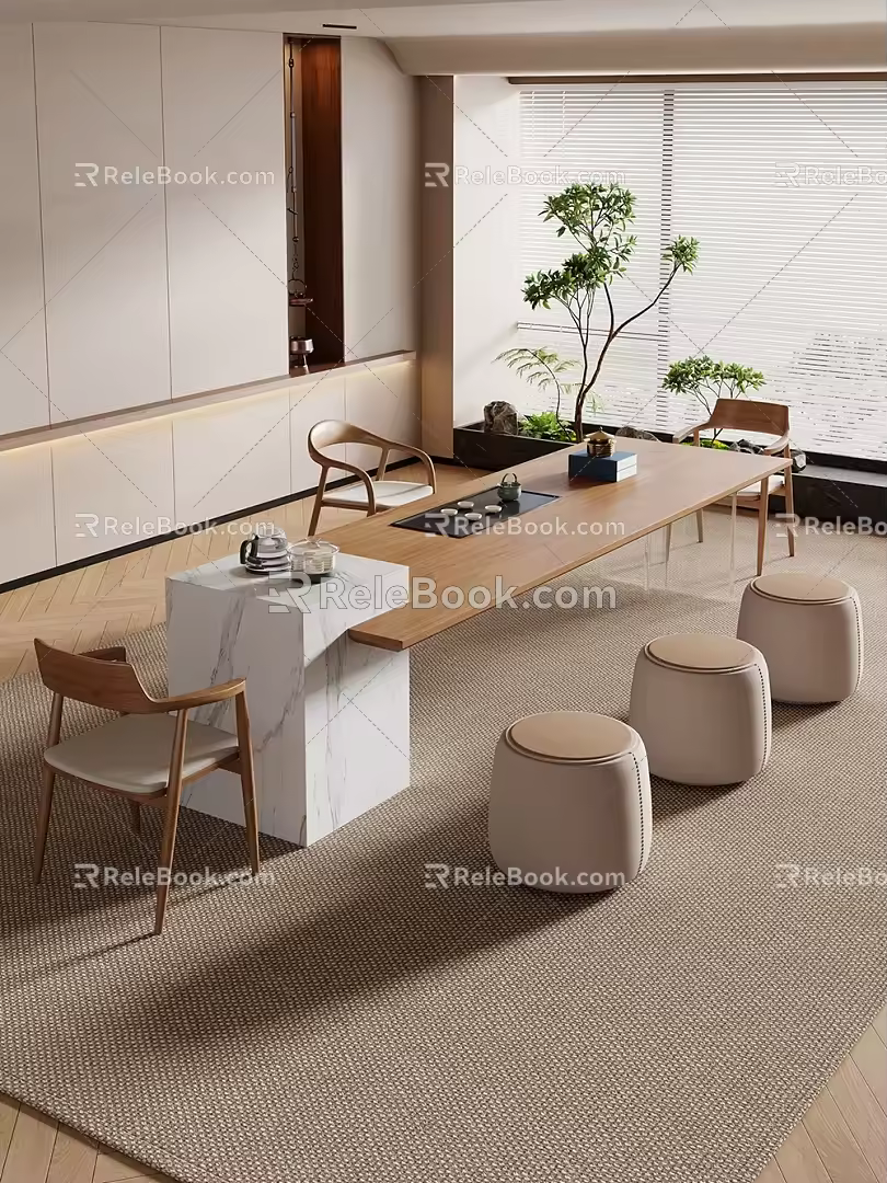 -Ji Feng Big Board Table Tea Table and Chair Combination Tea Table Tea Table Tea Room Tea Table 3d model