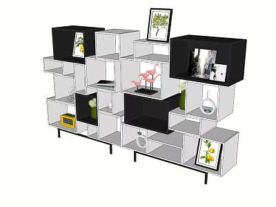 Modern Black White Decorative Cabinet With Multi Tiered Cubes Framed Pictures Pink Plants And Ornaments 3d model