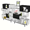 Modern Black White Decorative Cabinet With Multi Tiered Cubes Framed Pictures Pink Plants And Ornaments