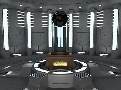 Modern Display Shelf With Glass Case Brown Base And Golden Plaque In Illuminated Gray Room 3d model