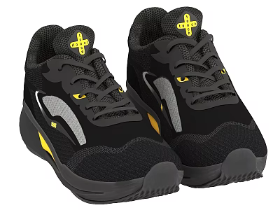 Black Mesh Upper Sneakers With Yellow Gray Accents And Logo Design 3d model