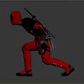 Deadpool in Red Black Costume with Samurai Swords and Clawed Hands Fighting Stance