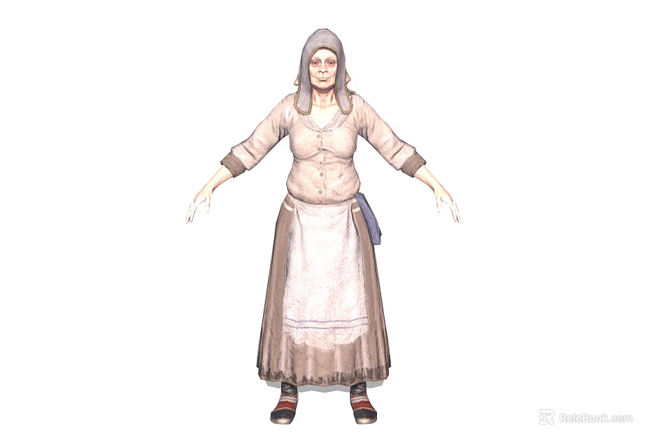 Elderly Woman In Traditional Dress With Apron And Headscarf Standing Arms Outstretched 3d model 