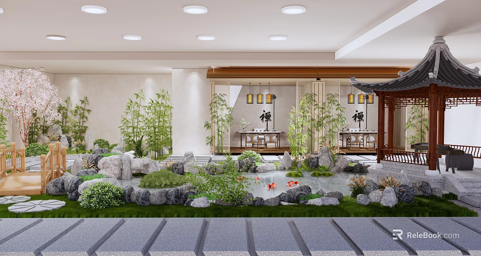 Zen Garden Landscape with Rocks Pond Red Fish Bamboo Plants Pavilion Lanterns and Stone Path 3d model 