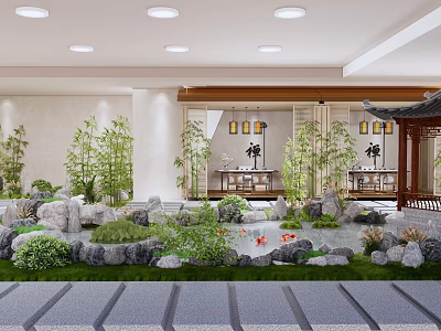 Zen Garden Landscape with Rocks Pond Red Fish Bamboo Plants Pavilion Lanterns and Stone Path 3d model