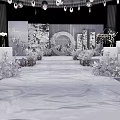 Elegant Wedding Venue Setup With White Roses Marble Steps And Chandelier Decorations