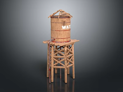 Wooden Water Tower Storage Equipment With Elevated Wooden Frame And Support Legs 3d model