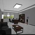 Office Interior With Black Sofa Coffee Table Desk Computer Calligraphy Artwork White Walls Gray Floor 3d model