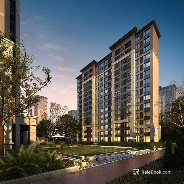 Modern High Rise Residential Building Exterior Design with Landscaped Lawn Trees Courtyard Under Sunset Sky 3d model 