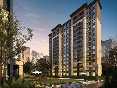 Modern High Rise Residential Building Exterior Design with Landscaped Lawn Trees Courtyard Under Sunset Sky 3d model
