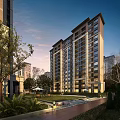Modern High Rise Residential Building Exterior Design with Landscaped Lawn Trees Courtyard Under Sunset Sky