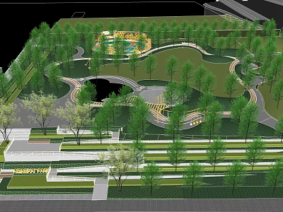 Greenland Park Scenic Landscape With Lush Trees Winding Pathways And Playground 3d model