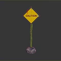 Yellow Diamond Caution Sign With Red Exclamation Mark And Brown Pole Stone Base