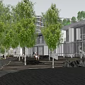 Modern Urban Plaza Landscape With Lush Trees Wooden Steps And Contemporary Buildings