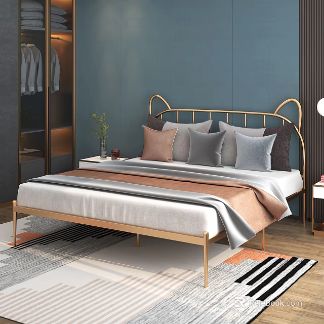Modern Double Bed With Golden Headboard And Brown Gray Pillows In Blue Bedroom 3d model 