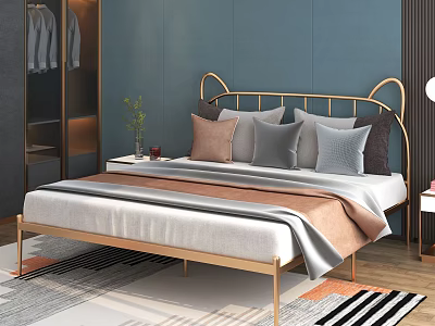 Modern Double Bed With Golden Headboard And Brown Gray Pillows In Blue Bedroom 3d model