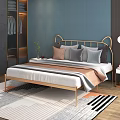 Modern Double Bed With Golden Headboard And Brown Gray Pillows In Blue Bedroom