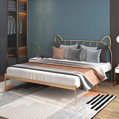 Modern Double Bed With Golden Headboard And Brown Gray Pillows In Blue Bedroom 3d model