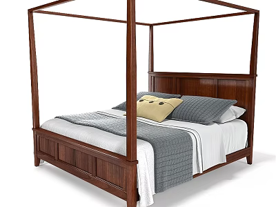 Wooden Four Poster Double Bed With Gray White Sheets And Yellow Pillow 3d model