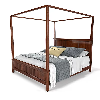 Wooden Four Poster Double Bed With Gray White Sheets And Yellow Pillow 3d model
