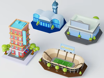2D Style Architecture Disney Cartoon Style Q Version Style Architecture Hotel Restaurant Airport Gymnasium 3d model