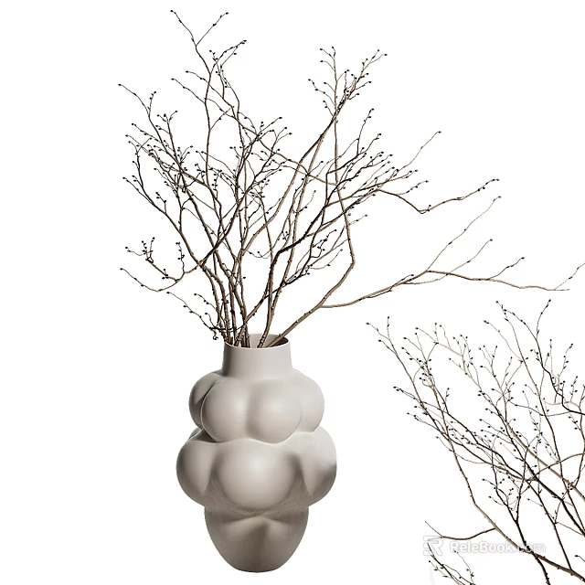 White Stacked Spherical Vase With Decorative Bare Twig Branches And Small Buds 3d model