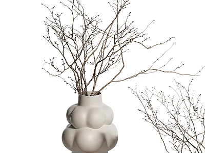 White Stacked Spherical Vase With Decorative Bare Twig Branches And Small Buds 3d model