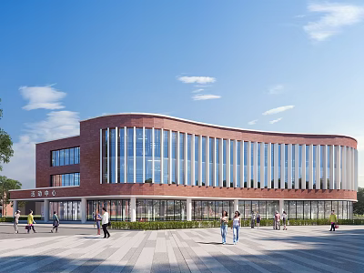 Red Brick School Building With Curved Design And Large Glass Windows Featuring Students On Campus 3d model