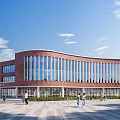 Red Brick School Building With Curved Design And Large Glass Windows Featuring Students On Campus