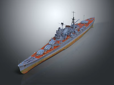 3D Warship Model With Gray Hull Orange Bottom Deck And Turrets 3d model