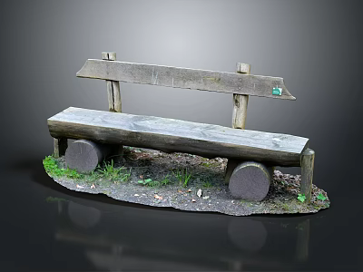 Outdoor Leisure Chair Featuring Wooden Seat Stone Supports Grass and Small Pebbles Natural Rustic Design 3d model