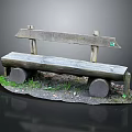 Outdoor Leisure Chair Featuring Wooden Seat Stone Supports Grass and Small Pebbles Natural Rustic Design