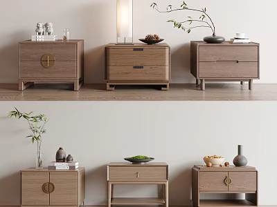Modern Wooden Nightstand Designs With Lamp Vase Books And Decorative Plants 3d model