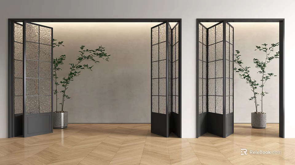 Modern Interior Space With Black Frame Glass Folding Doors And Wooden Floor 3d model 