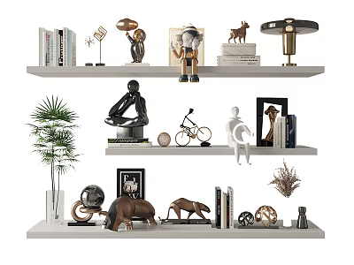 Modern Decorative Ornament Set on White Floating Shelves with Sculptures Plants Books and Animal Figurines 3d model