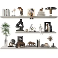 Modern Decorative Ornament Set on White Floating Shelves with Sculptures Plants Books and Animal Figurines