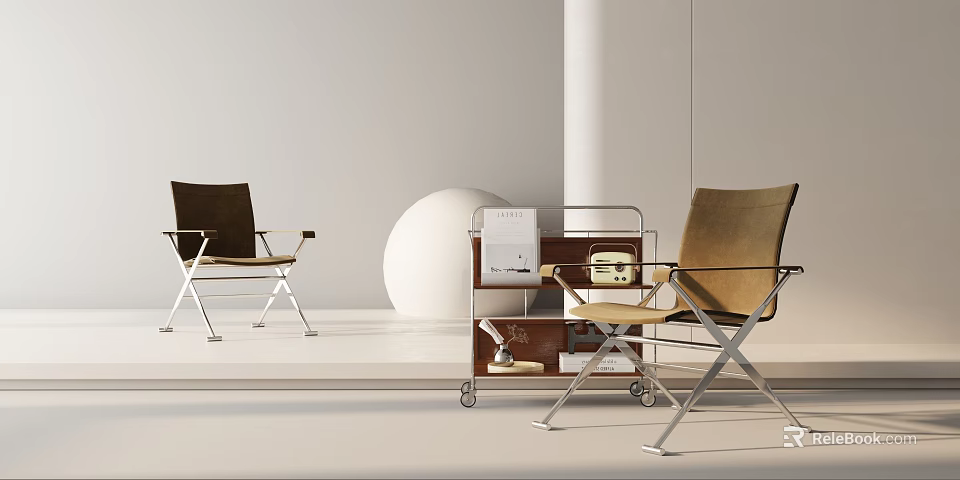 Modern Leisure Chair With Leather Upholstery And Metal Frame Alongside Side Cart And Round Decor 3d model 