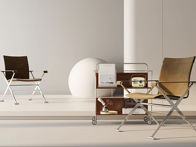 Modern Leisure Chair With Leather Upholstery And Metal Frame Alongside Side Cart And Round Decor 3d model