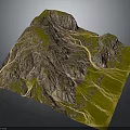 3D Terrain Model Featuring Mountain Valleys Winding Rivers Green Vegetation And Rocky Areas